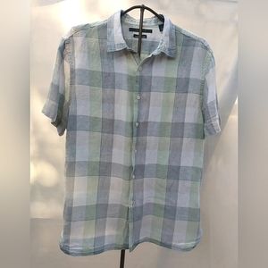 Perry Ellis 100% LINEN shirt mens button down PLAID short sleeve blue green Sz L